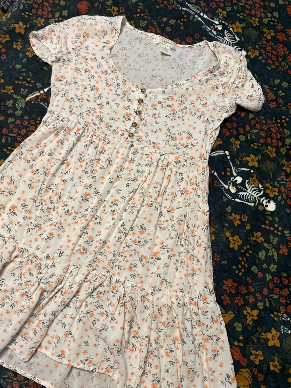 Floral Tiered Short-Sleeve Dress - Cream with Orange Florals
